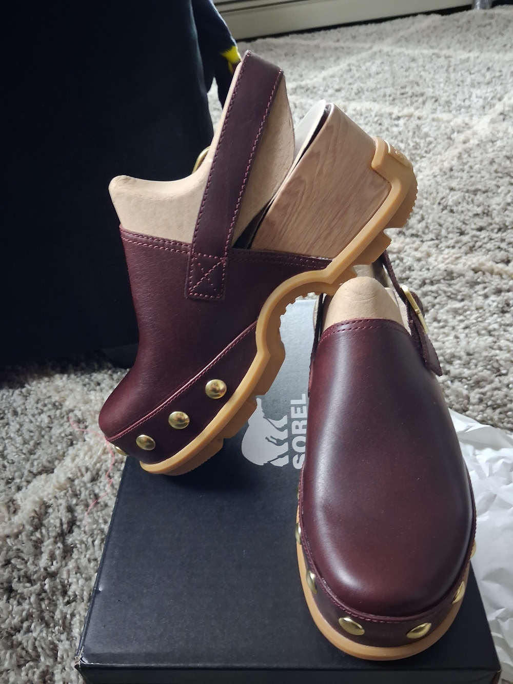 Sorel Burgundy Leather Clog Mules with Tan Platform